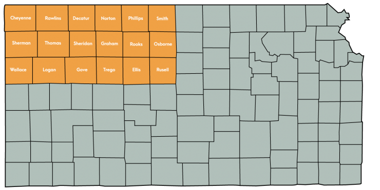 Pioneer County Development, Inc. Kansas Map Featuring the following counties: Cheyenne, Decatur, Ellis, Gove, Graham, Logan, Norton, Osborne, Phillips, Rawlins, Rooks, Russell, Sheridan, Sherman, Smith, Thomas, Trego, Wallace